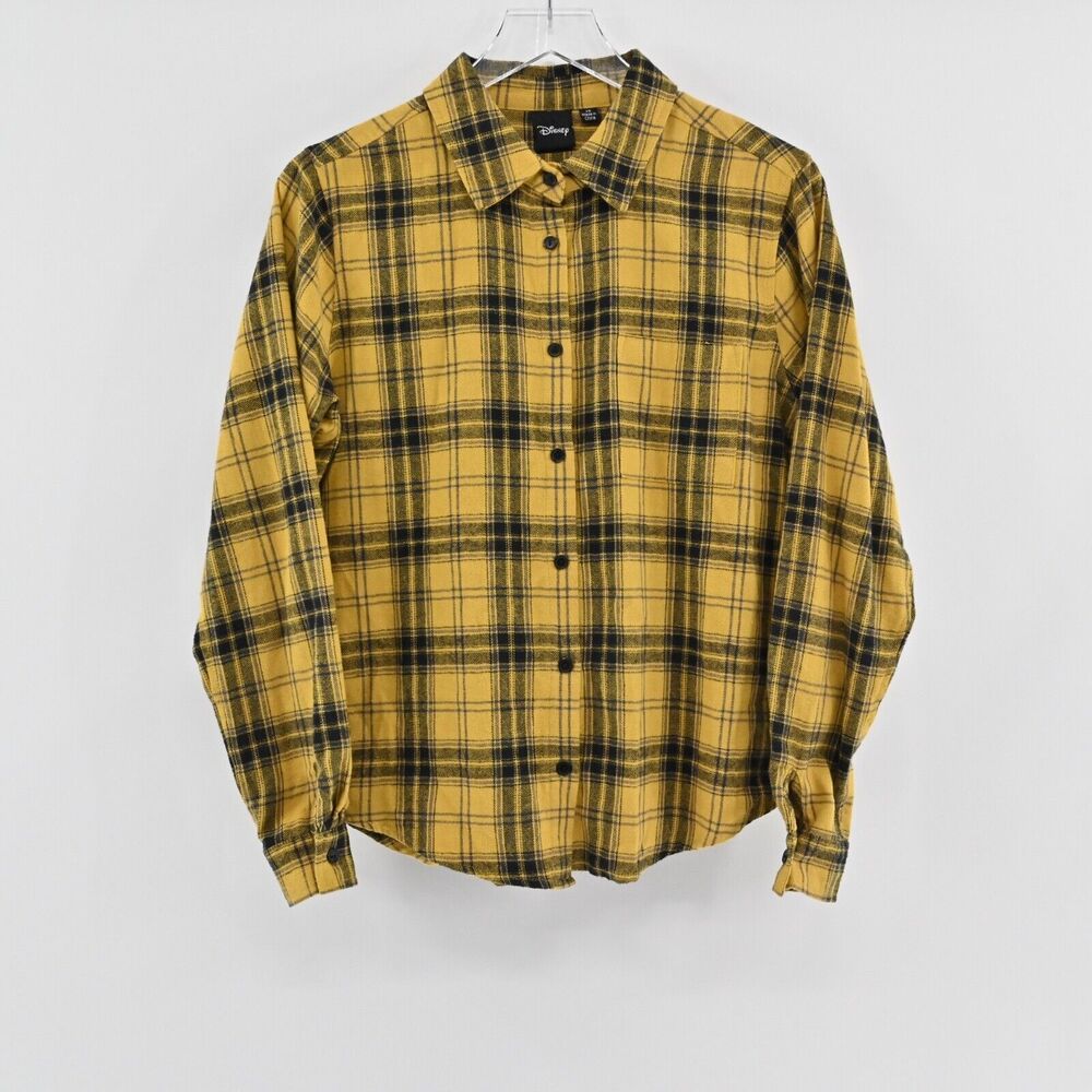 DISNEY Top‎ Womens Size XS Yellow Plaid Mickey Mouse Graphic 100% Cotton Flannel - Picture 2 of 13